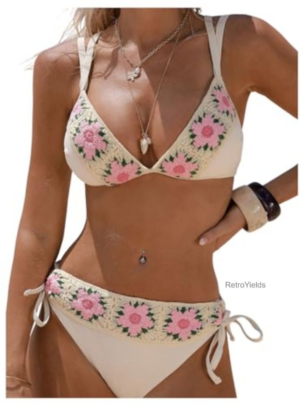 Crochet Floral Bikini Set 2 Piece High Waisted Boho Swimwear